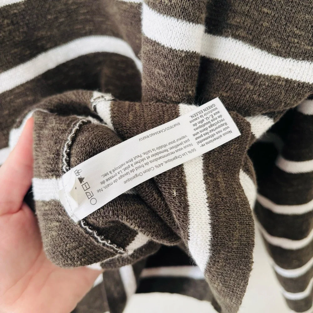 Eileen Fisher Dark Green‎ White Striped Knit Light Sweater Top Sz XL Linen Blend